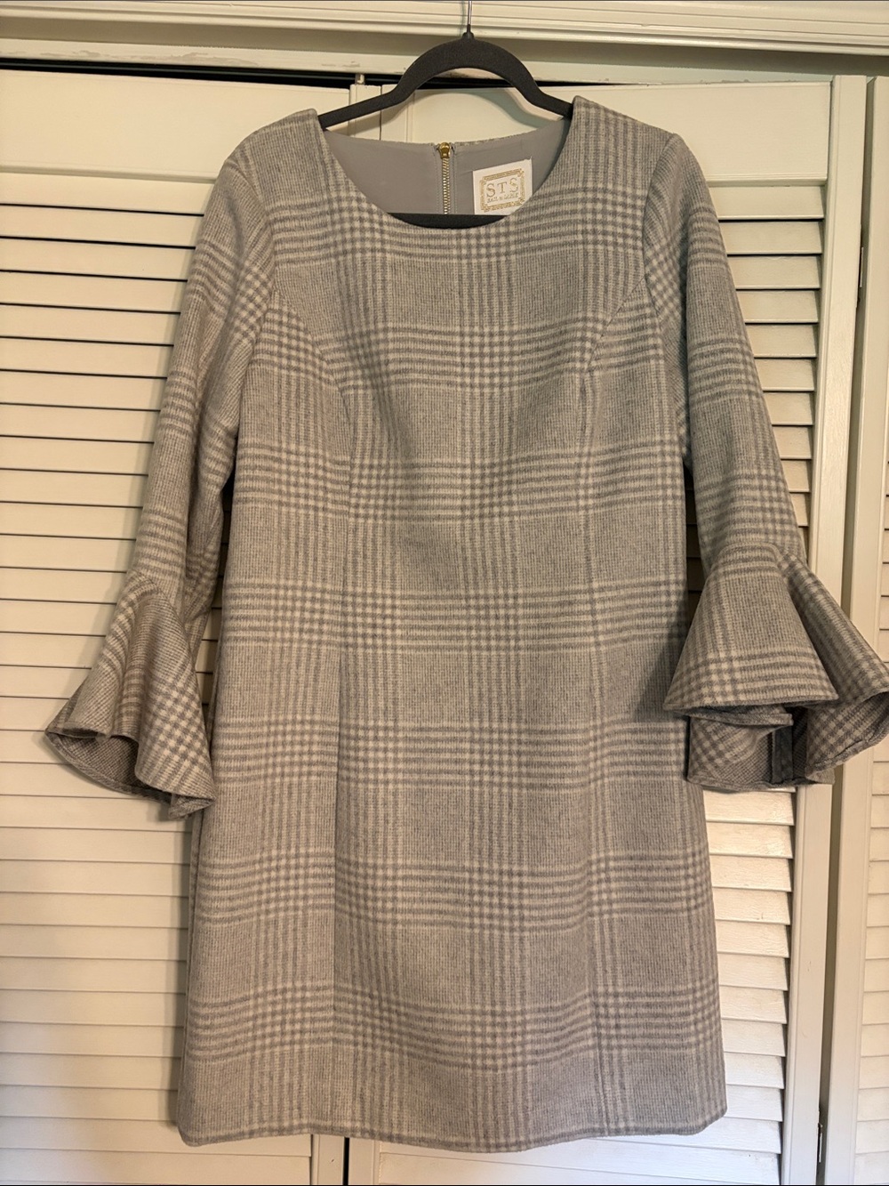 STS Grey Plaid Bell-Sleeve Wool Dress